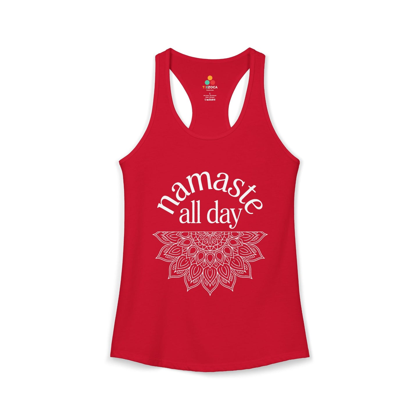 TEEZOCA namaste all day women’s tank top yoga mandala design Red tank top with 'namaste all day' text and mandala design on a white background