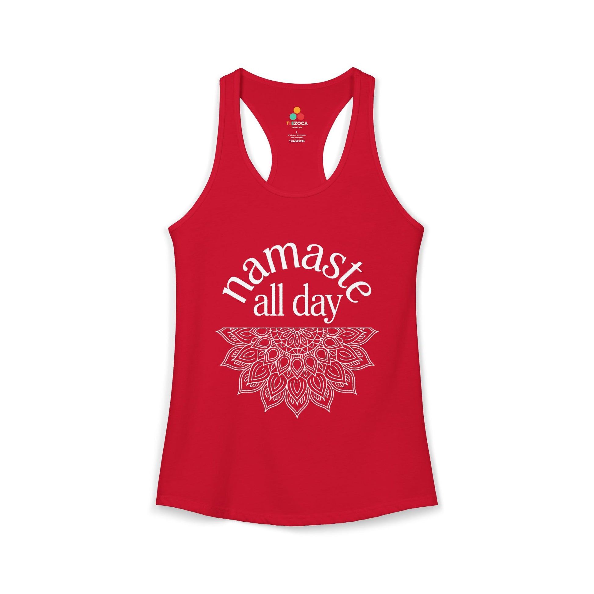 TEEZOCA namaste all day women’s tank top yoga mandala design Red tank top with 'namaste all day' text and mandala design on a white background