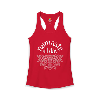 TEEZOCA namaste all day women’s tank top yoga mandala design Red tank top with 'namaste all day' text and mandala design on a white background
