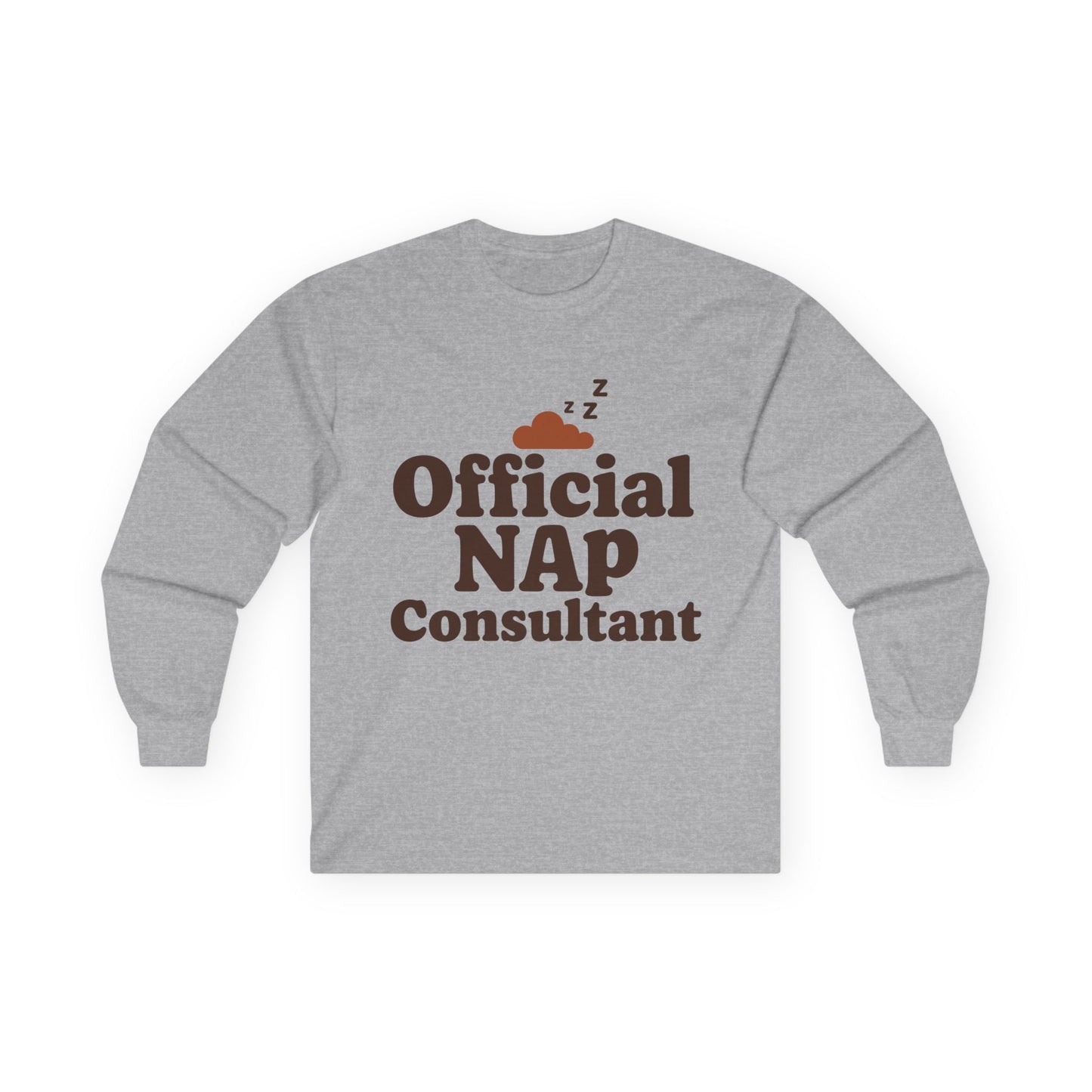 TEEZOCA nap lover typography long-sleeve t-shirt Gray long-sleeve shirt with 'Official NAP Consultant' text and graphic on a white background