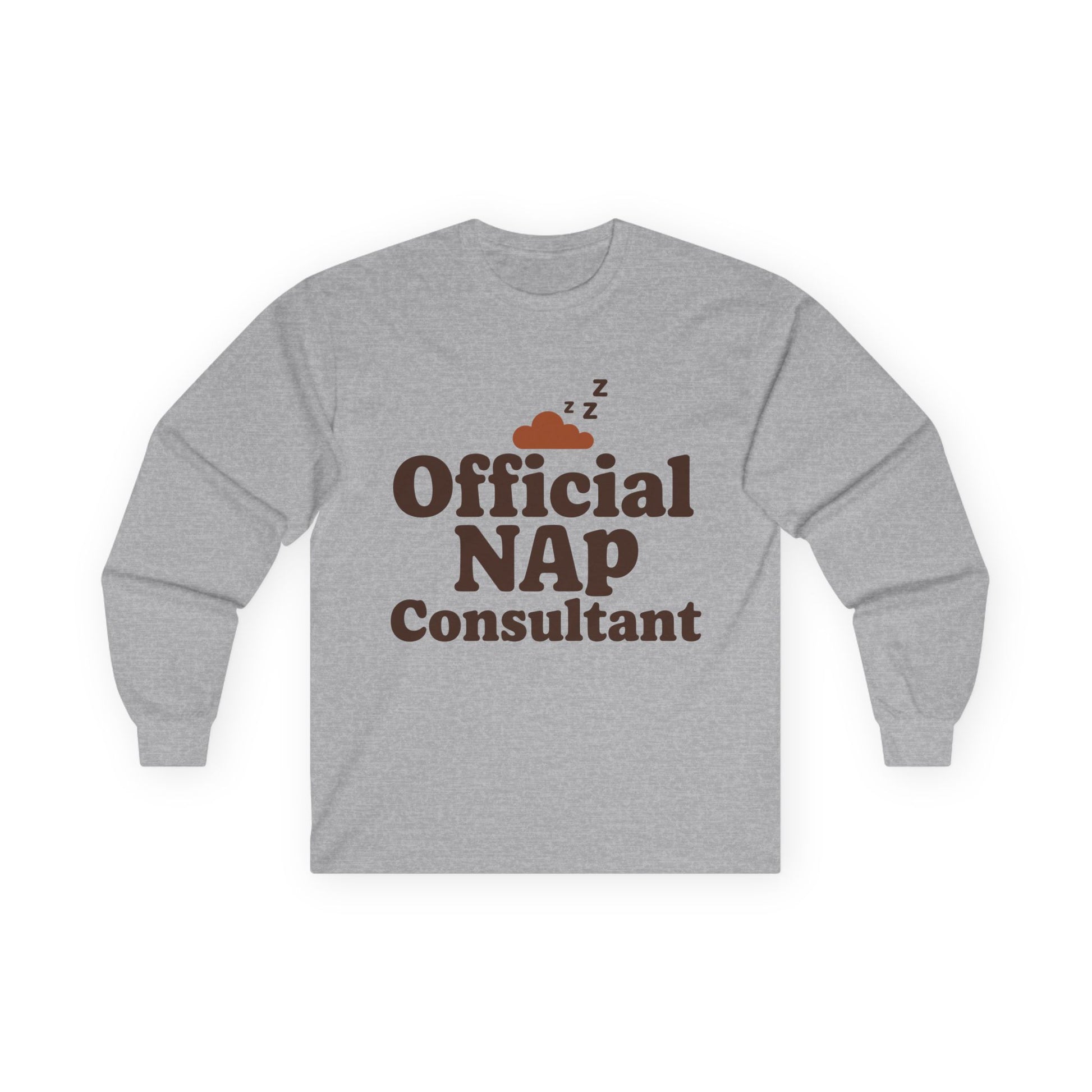 TEEZOCA nap lover typography long-sleeve t-shirt Gray long-sleeve shirt with 'Official NAP Consultant' text and graphic on a white background