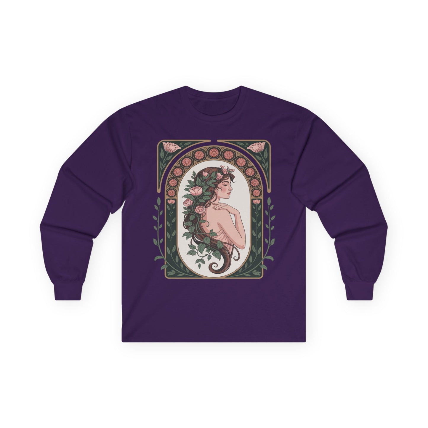 TEEZOCA nature-inspired muse artwork on unisex long-sleeve t-shirt Purple long-sleeve shirt with a decorative design of a woman with flowers on a white background