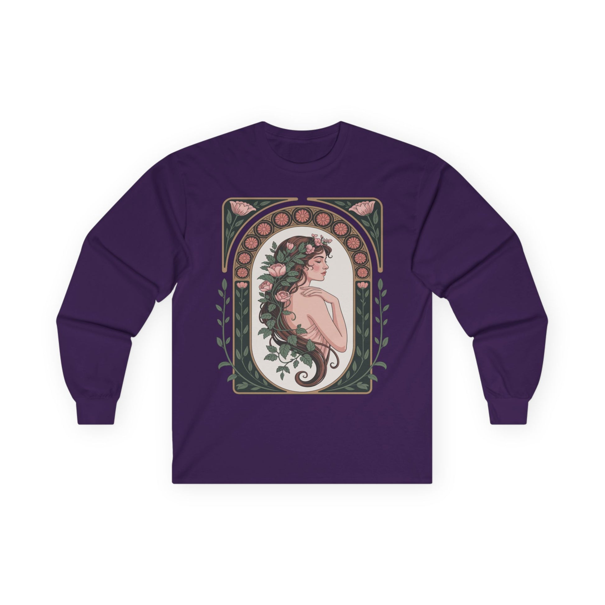 TEEZOCA nature-inspired muse artwork on unisex long-sleeve t-shirt Purple long-sleeve shirt with a decorative design of a woman with flowers on a white background