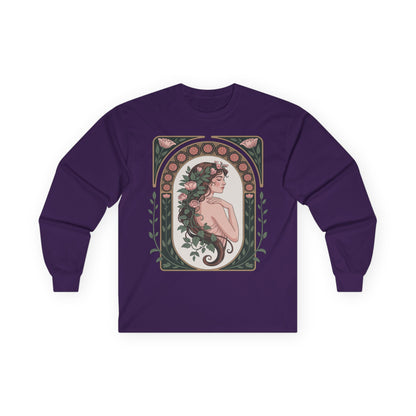 TEEZOCA nature-inspired muse artwork on unisex long-sleeve t-shirt Purple long-sleeve shirt with a decorative design of a woman with flowers on a white background
