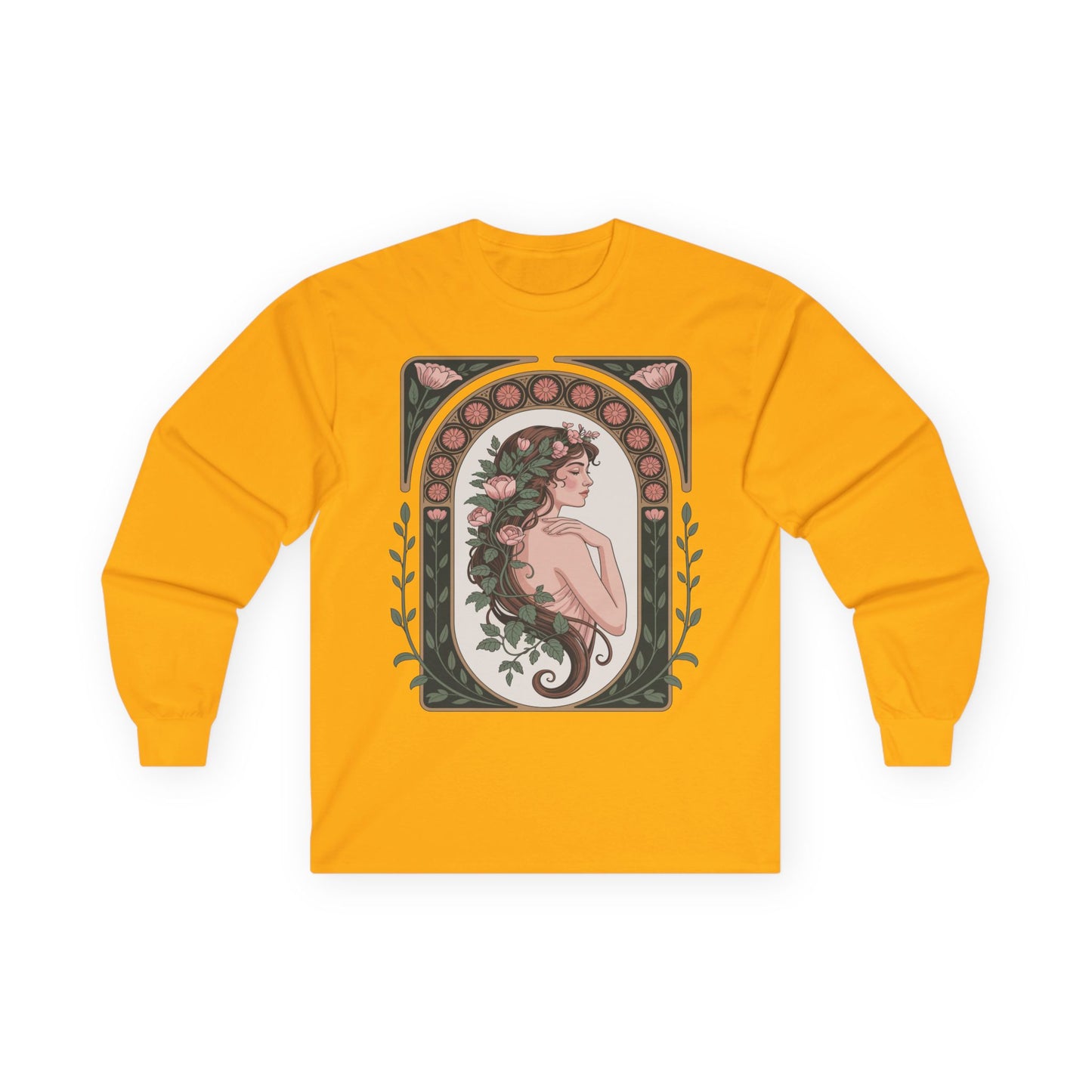TEEZOCA nature-inspired muse artwork on unisex long-sleeve t-shirt Yellow long-sleeve shirt with a graphic design of a woman with flowers on a white background