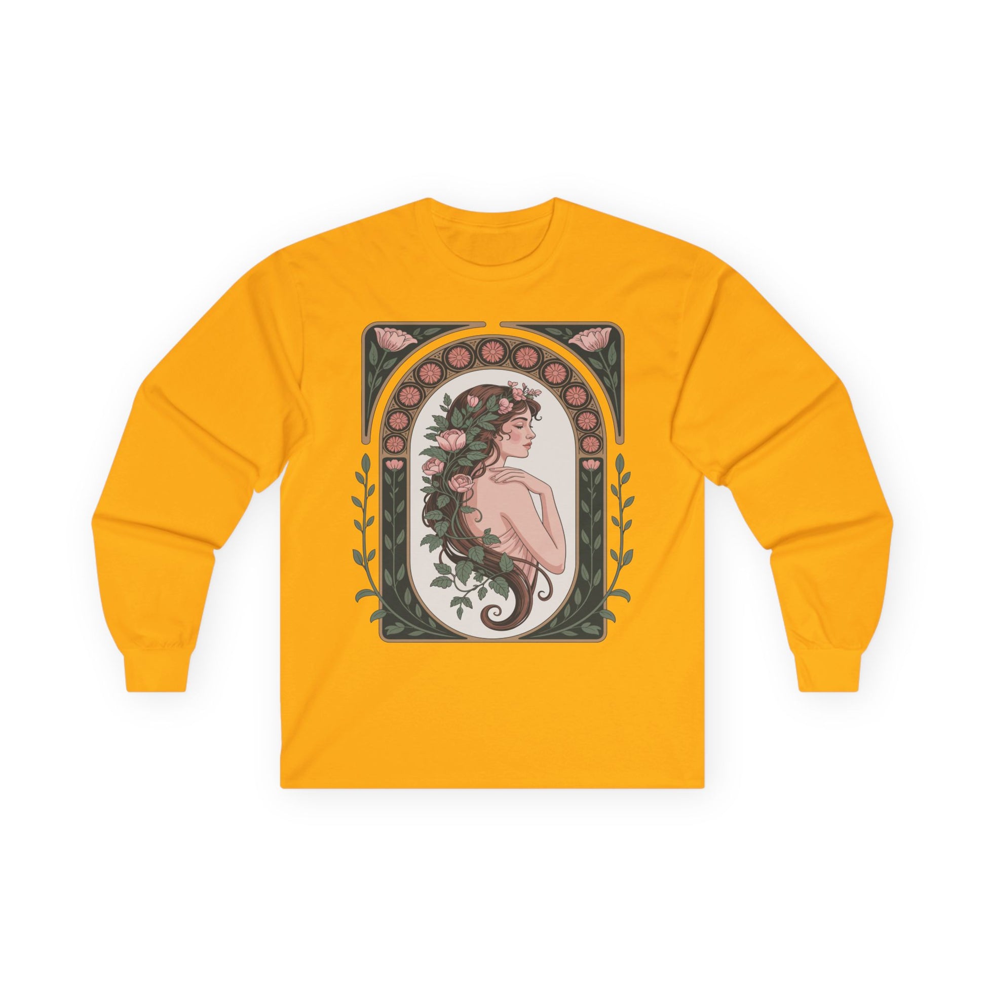 TEEZOCA nature-inspired muse artwork on unisex long-sleeve t-shirt Yellow long-sleeve shirt with a graphic design of a woman with flowers on a white background