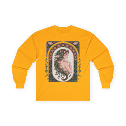 TEEZOCA nature-inspired muse artwork on unisex long-sleeve t-shirt Yellow long-sleeve shirt with a graphic design of a woman with flowers on a white background