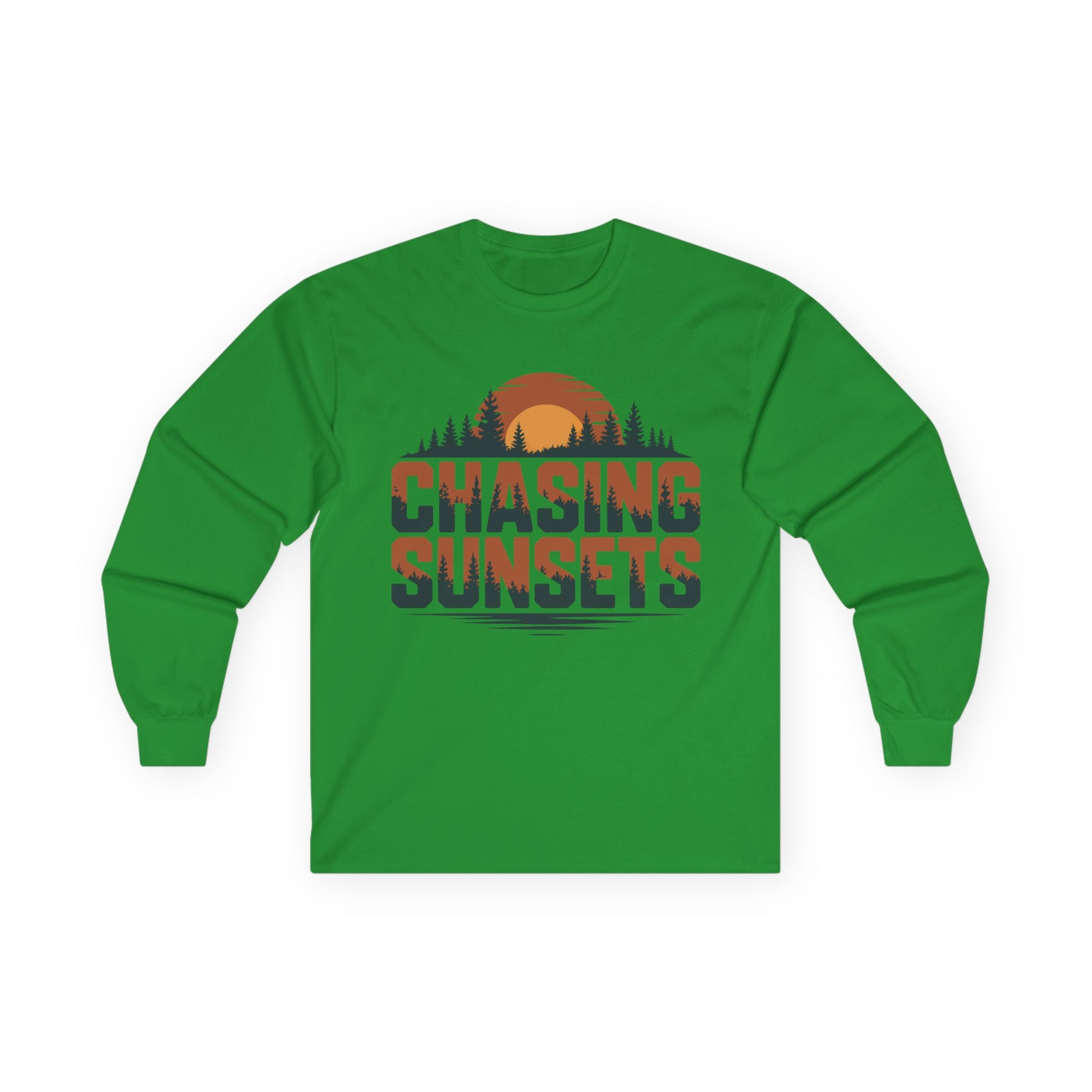 TEEZOCA nature inspired chasing sunsets unisex long-sleeve tee Green long-sleeve shirt with 'Chasing Sunsets' graphic on a white background