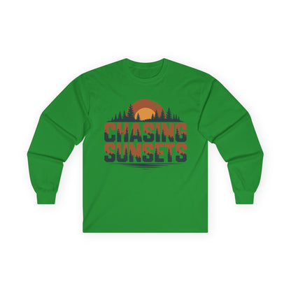 TEEZOCA nature inspired chasing sunsets unisex long-sleeve tee Green long-sleeve shirt with 'Chasing Sunsets' graphic on a white background
