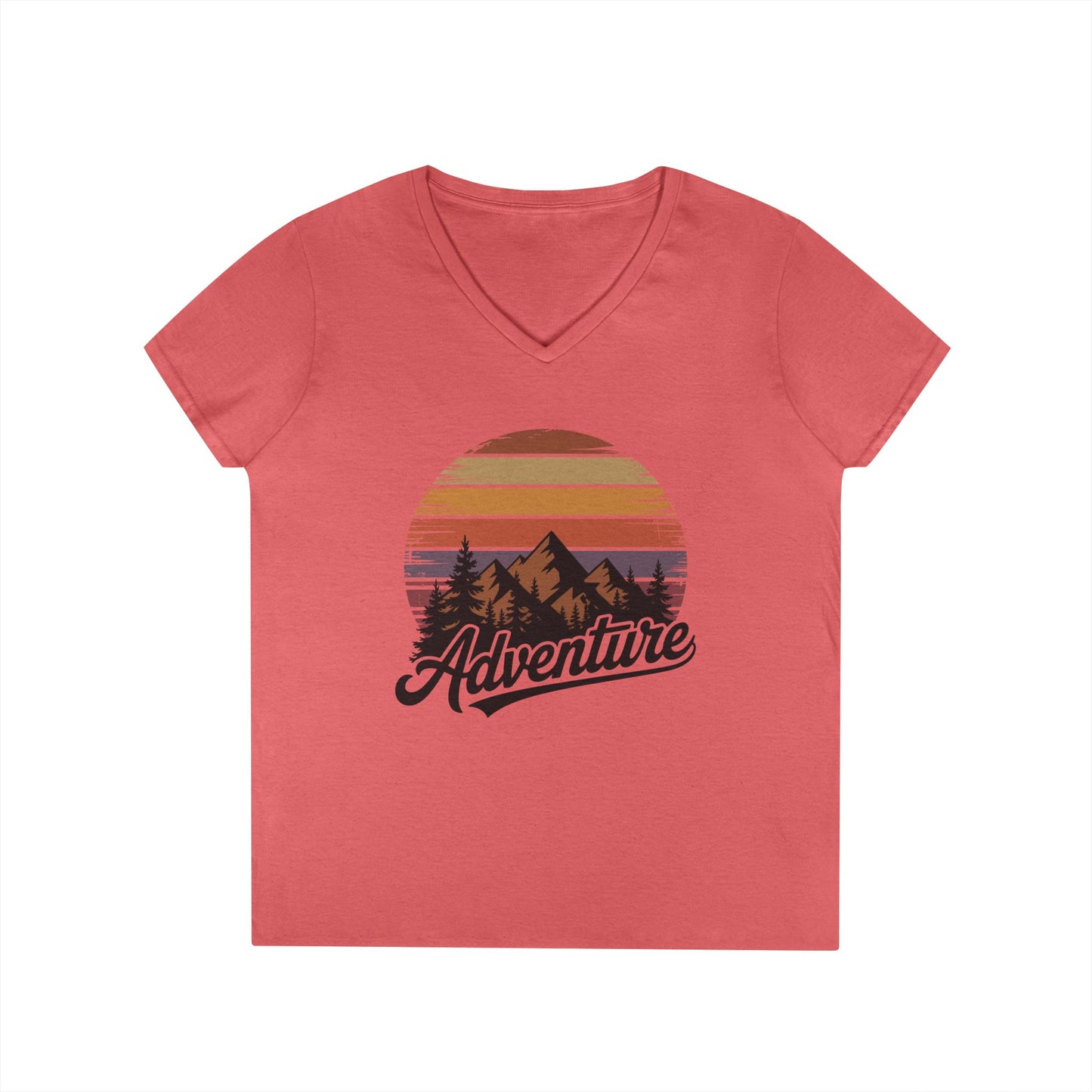 Adventure Retro Sunset Mountains V-Neck T-Shirt for Women | TEEZOCA 