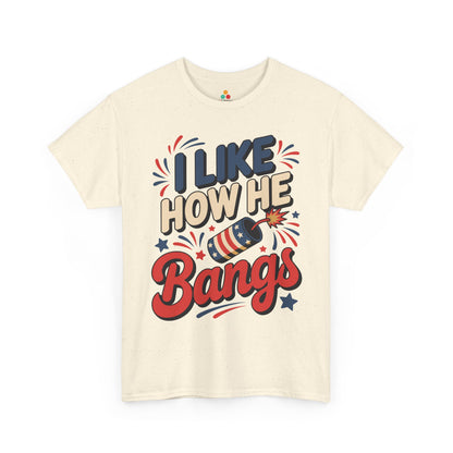 TEEZOCA naughty 4th of july shirt t-shirt showing a firework rocket, bold Bangs script, stars, and adult humor message.
