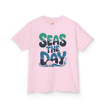 TEEZOCA nautical blue wave typography Kids shirt Seas The Day Ocean Wave Graphic Kids T-shirt | TEEZOCA 