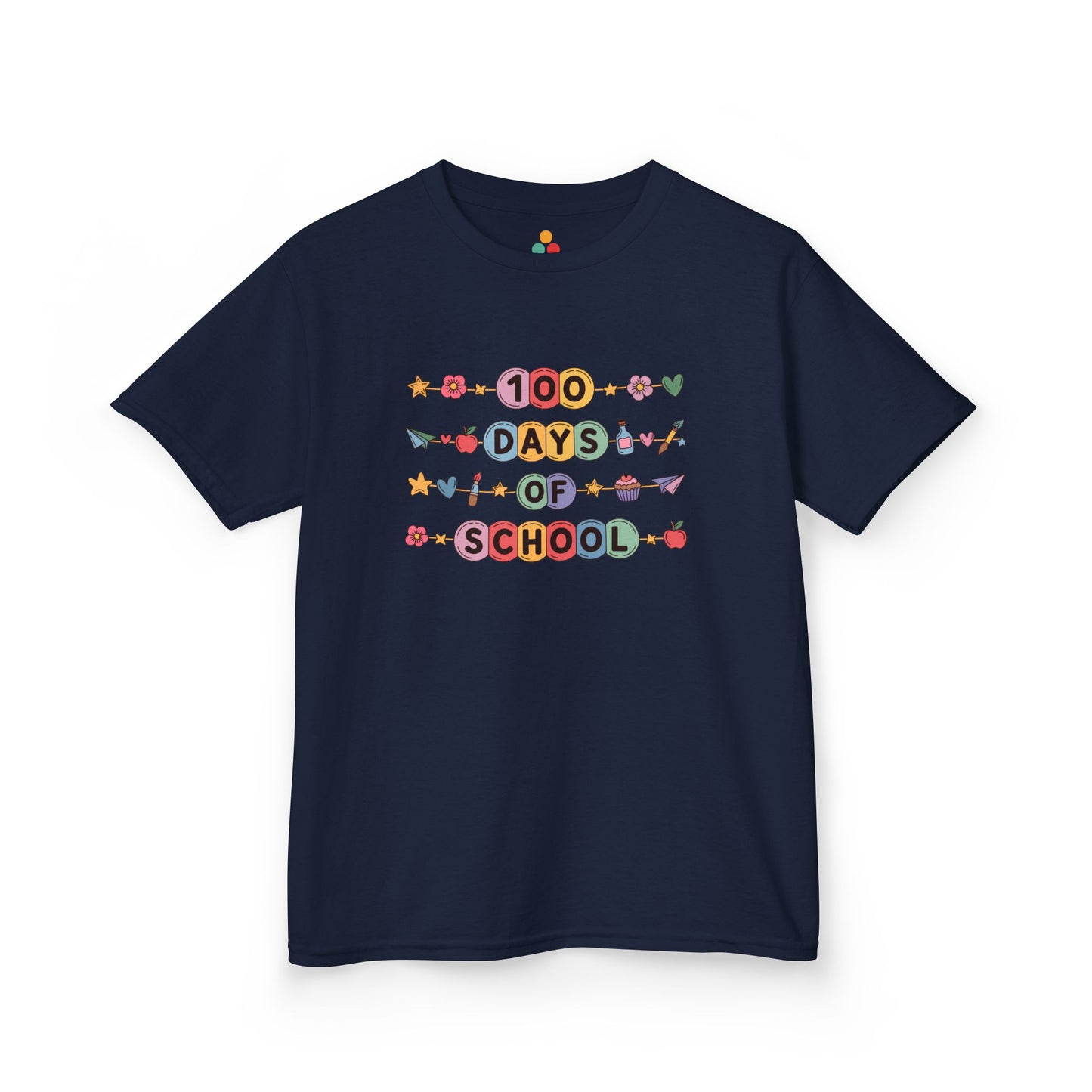 TEEZOCA navy “100 Days of School” fun graphic t-shirt shown flat.