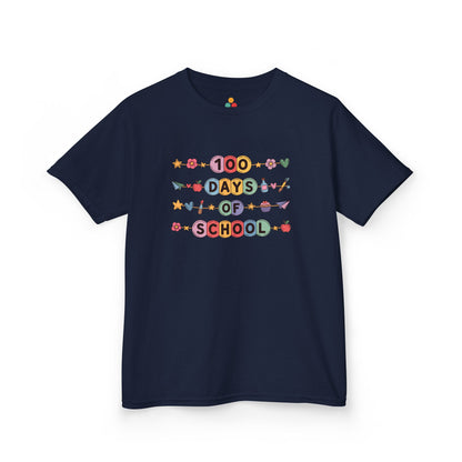 TEEZOCA navy “100 Days of School” fun graphic t-shirt shown flat.