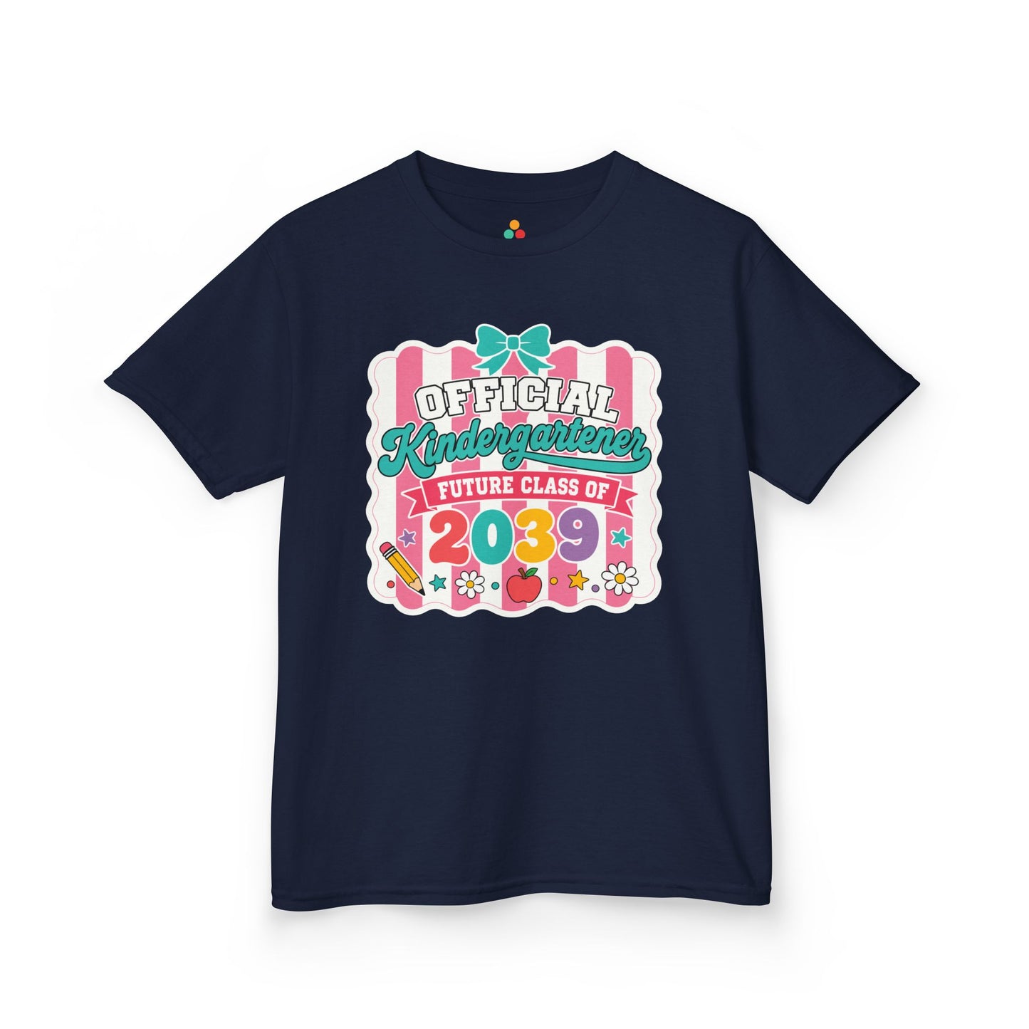 TEEZOCA navy Future Class of 2039 kids shirt laid flat, cute coquette Official Kindergartener lettering with a bow and stars, a keepsake back to school tee.
