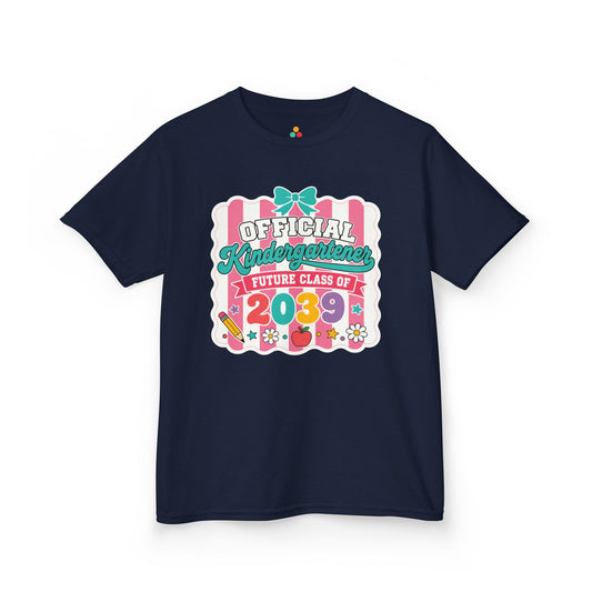 TEEZOCA navy Future Class of 2039 kids shirt laid flat, cute coquette Official Kindergartener lettering with a bow and stars, a keepsake back to school tee.
