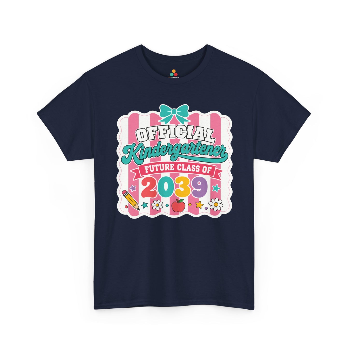 TEEZOCA navy Future Class of 2039 shirt laid flat, cute coquette Official Kindergartener lettering with a bow and stars, a keepsake back to school tee.
