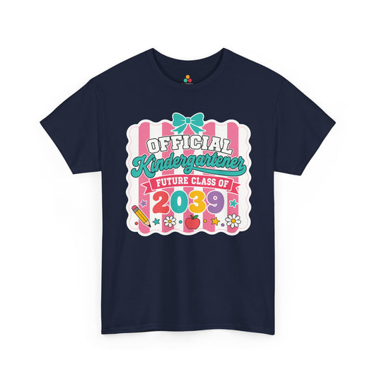 TEEZOCA navy Future Class of 2039 shirt laid flat, cute coquette Official Kindergartener lettering with a bow and stars, a keepsake back to school tee.
