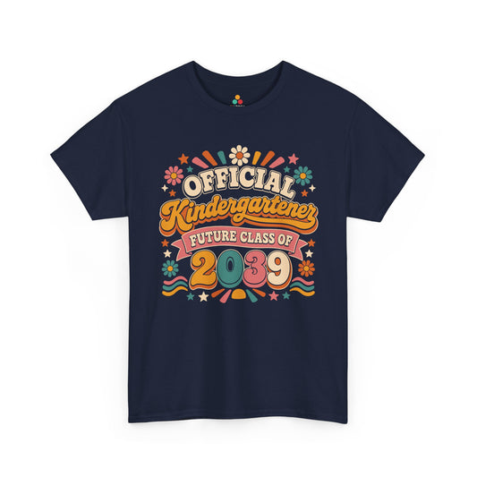 TEEZOCA navy Future Class of 2039 shirt laid flat, retro Official Kindergartener lettering with daisies and stars, a keepsake back to school tee.
