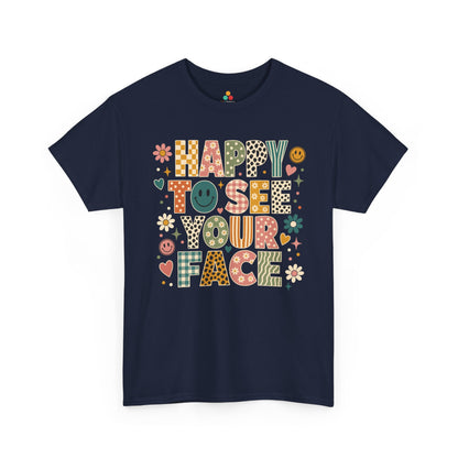 TEEZOCA navy Happy to See Your Face shirt laid flat, boho lettering with mixed vintage patterns and daisies, a cute teacher back to school tee.
