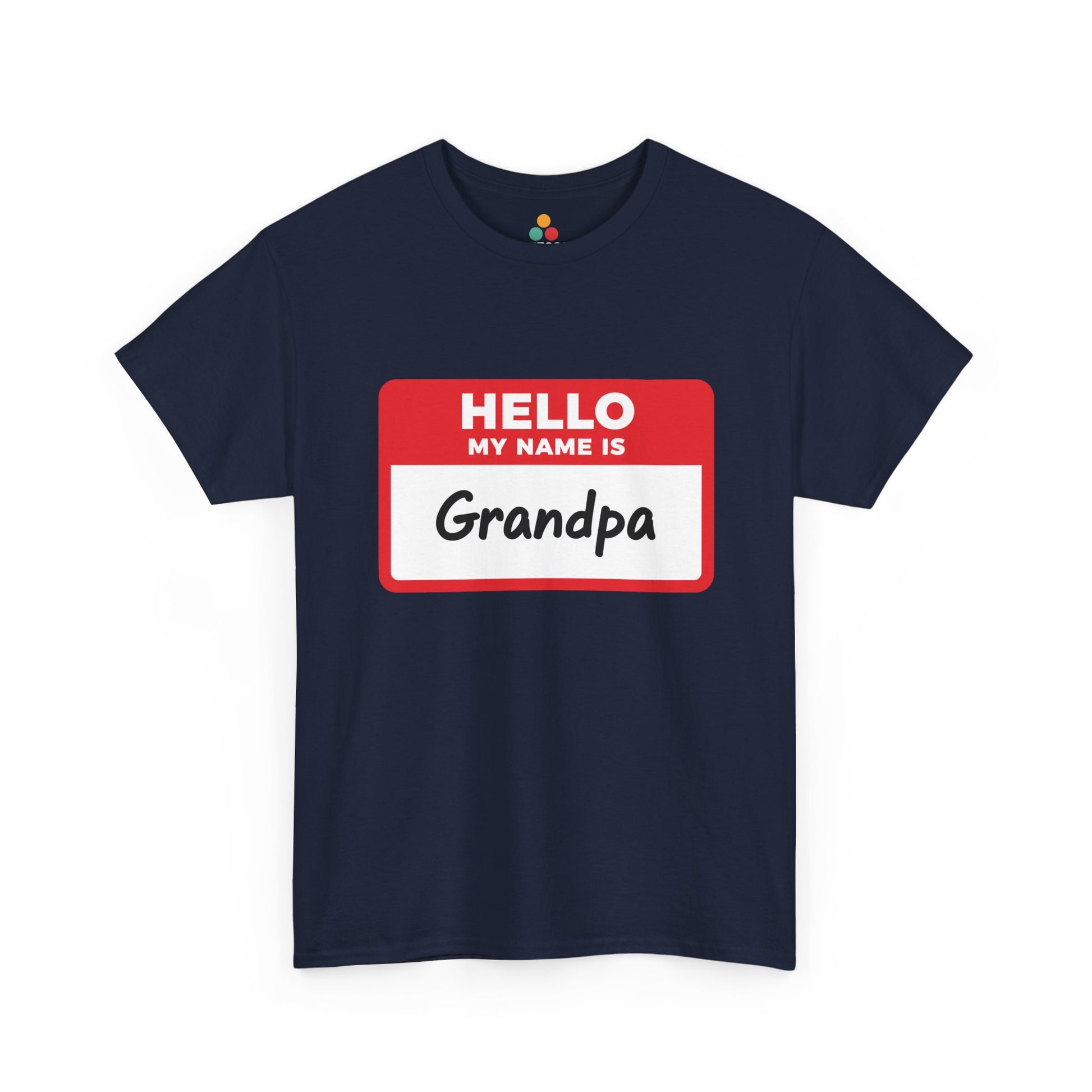 TEEZOCA navy “Hello My Name Is Grandpa” grandpa introduction tee shown flat.