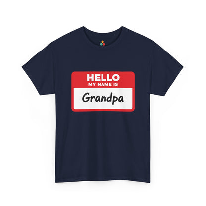TEEZOCA navy “Hello My Name Is Grandpa” grandpa introduction tee shown flat.