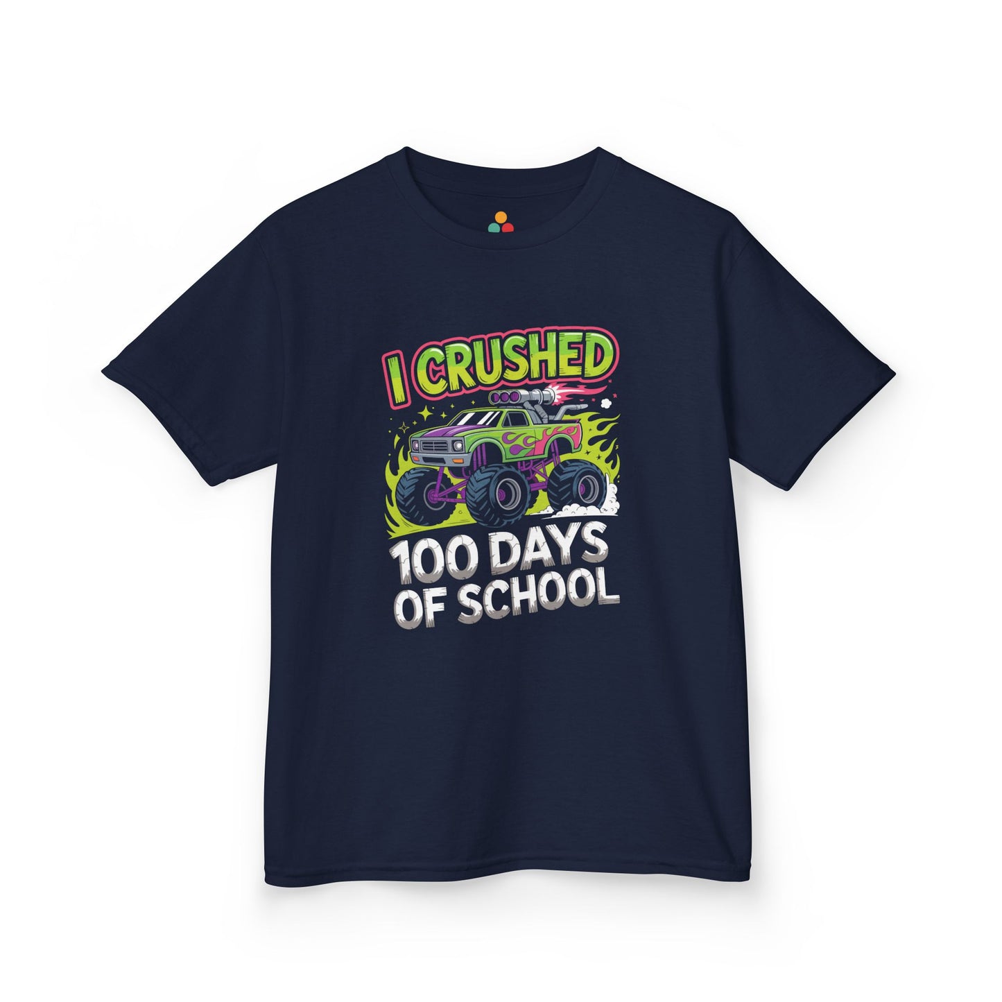 TEEZOCA navy “I Crushed 100 Days Of School” monster truck kids t‑shirt.