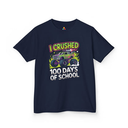 TEEZOCA navy “I Crushed 100 Days Of School” monster truck kids t‑shirt.
