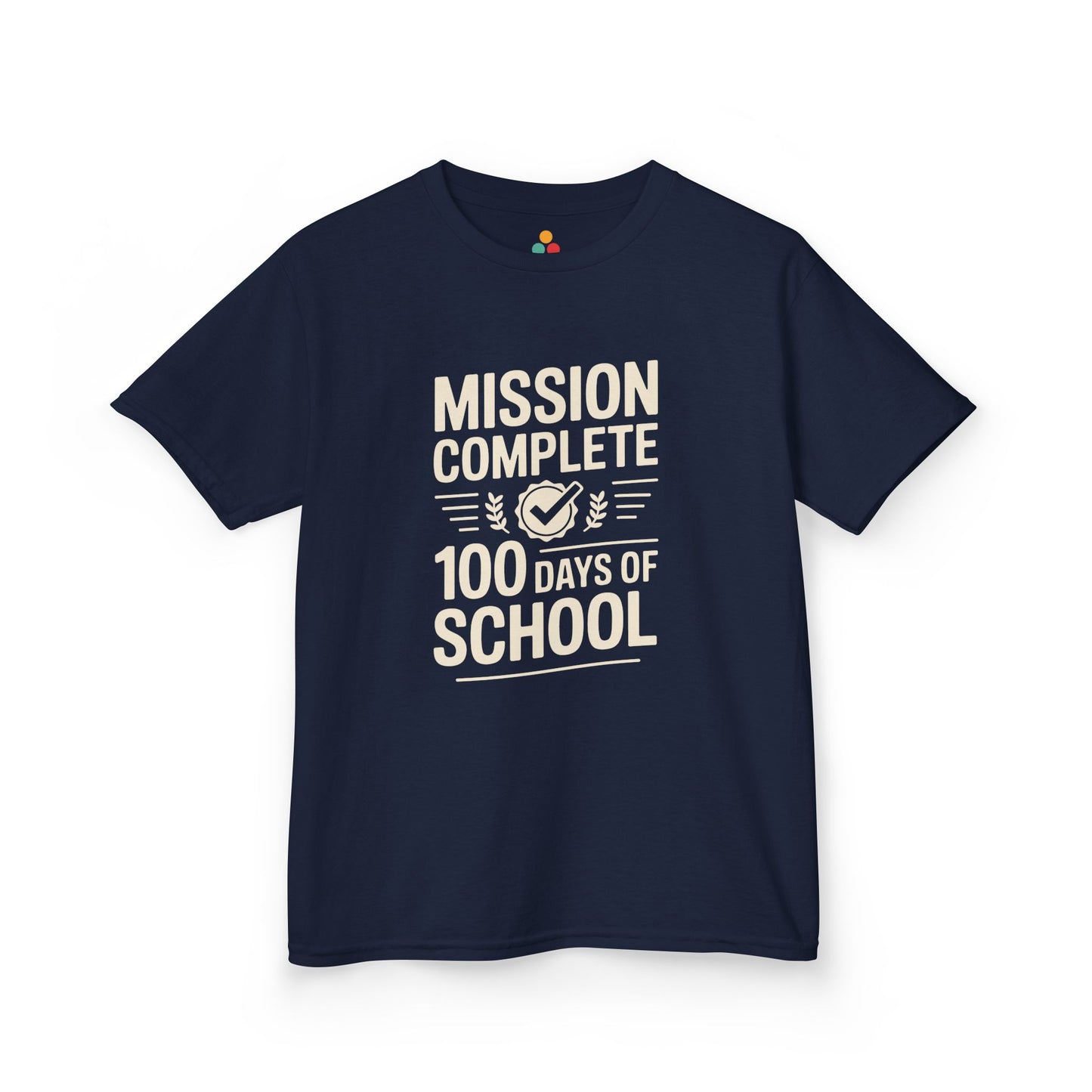 TEEZOCA navy “Mission Complete 100 Days Of School” kids t‑shirt.