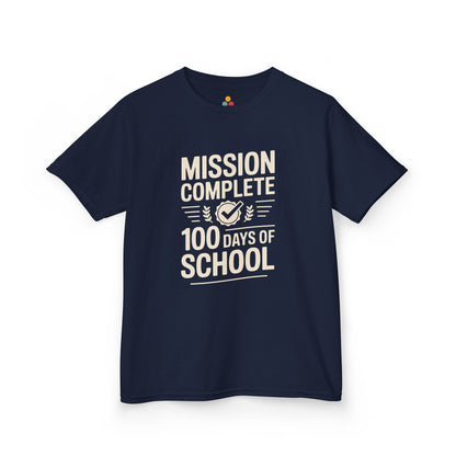 TEEZOCA navy “Mission Complete 100 Days Of School” kids t‑shirt.