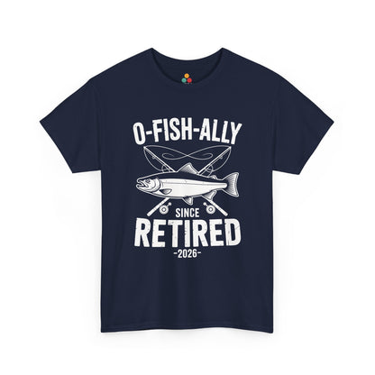 TEEZOCA navy O-Fish-ally Retired Since 2026 funny retiree tee shown flat.