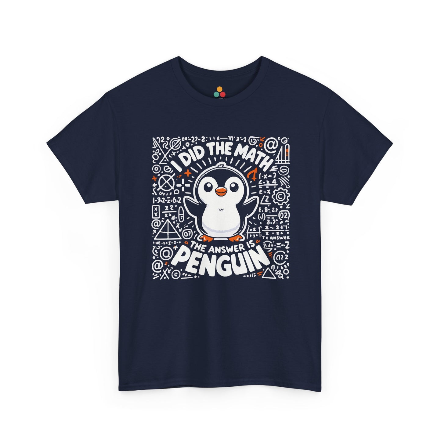 TEEZOCA navy blue everyday T-shirt displaying the funny math formula and cute penguin graphic.