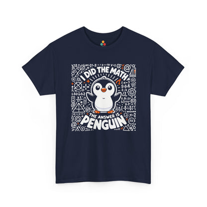 TEEZOCA navy blue everyday T-shirt displaying the funny math formula and cute penguin graphic.
