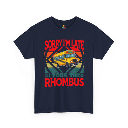 TEEZOCA navy blue everyday T-shirt displaying the vintage geometry pun and school bus design.