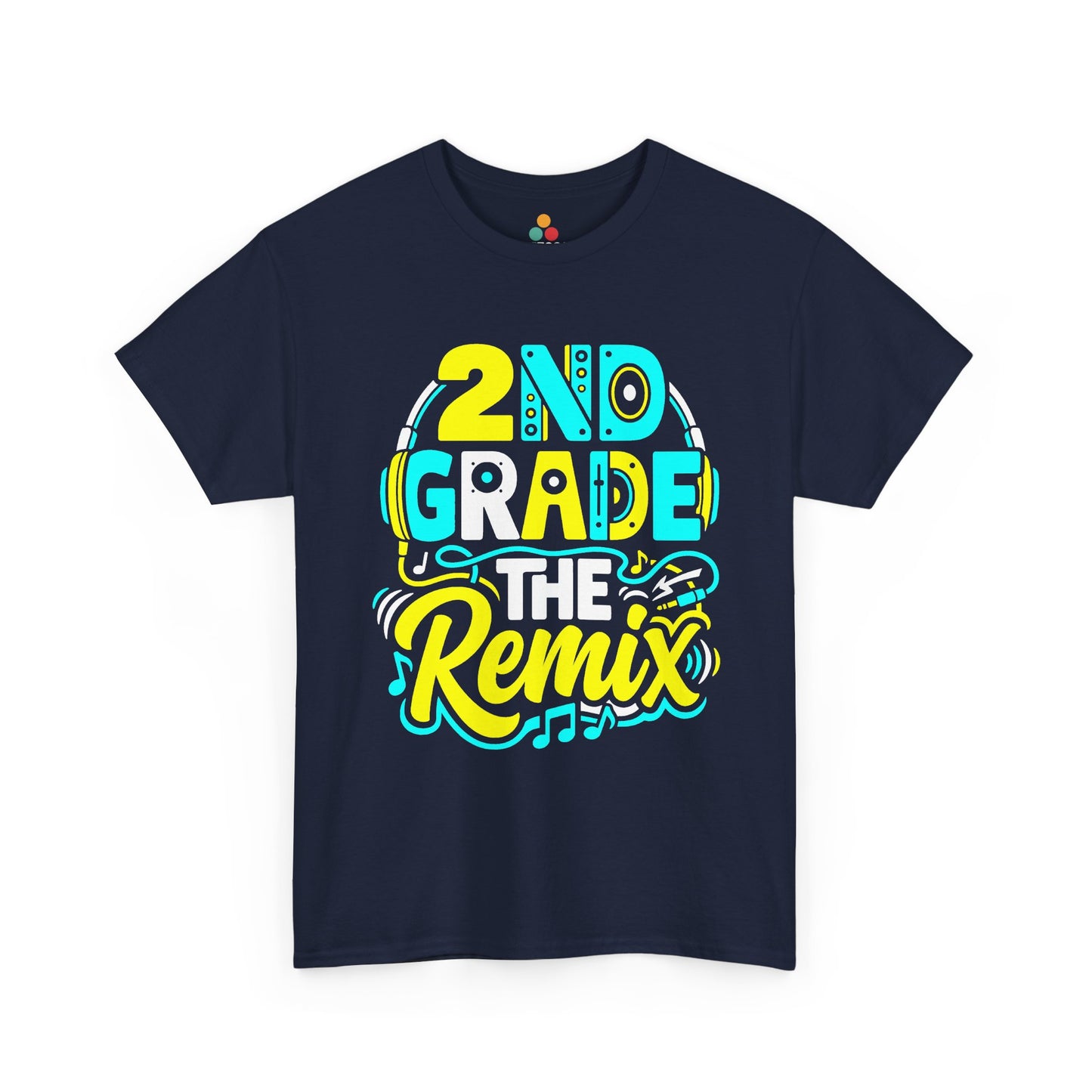 TEEZOCA navy blue everyday short-sleeve shirt with the colorful music teacher layout. 2nd Grade The Remix T-Shirt – Funny Back to School DJ Teacher Gift