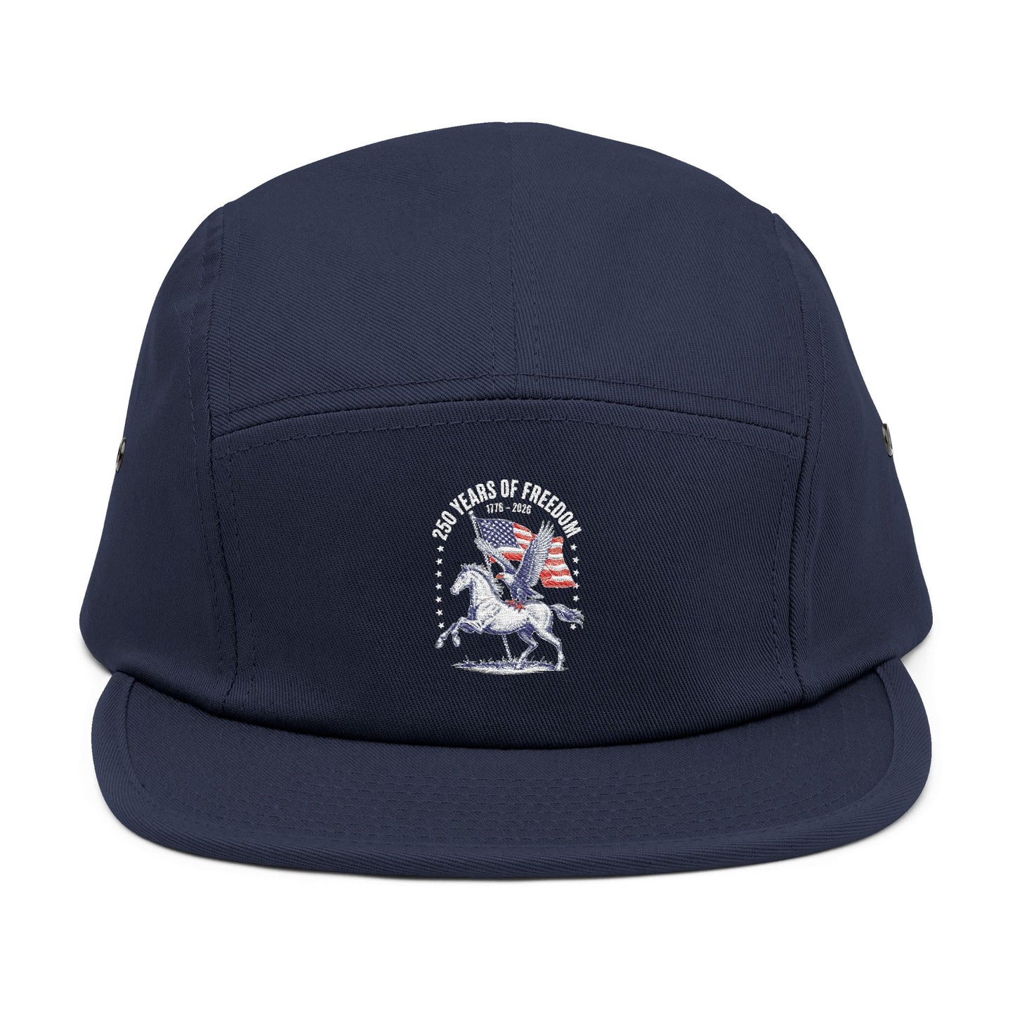 TEEZOCA navy blue patriotic 5-panel cap with American heritage freedom graphic, flat lay view.