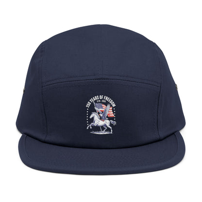 TEEZOCA navy blue patriotic 5-panel cap with American heritage freedom graphic, flat lay view.