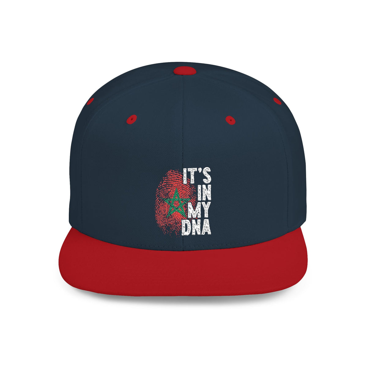 TEEZOCA navy blue snapback cap with a vibrant red brim and embroidered Moroccan heritage design.