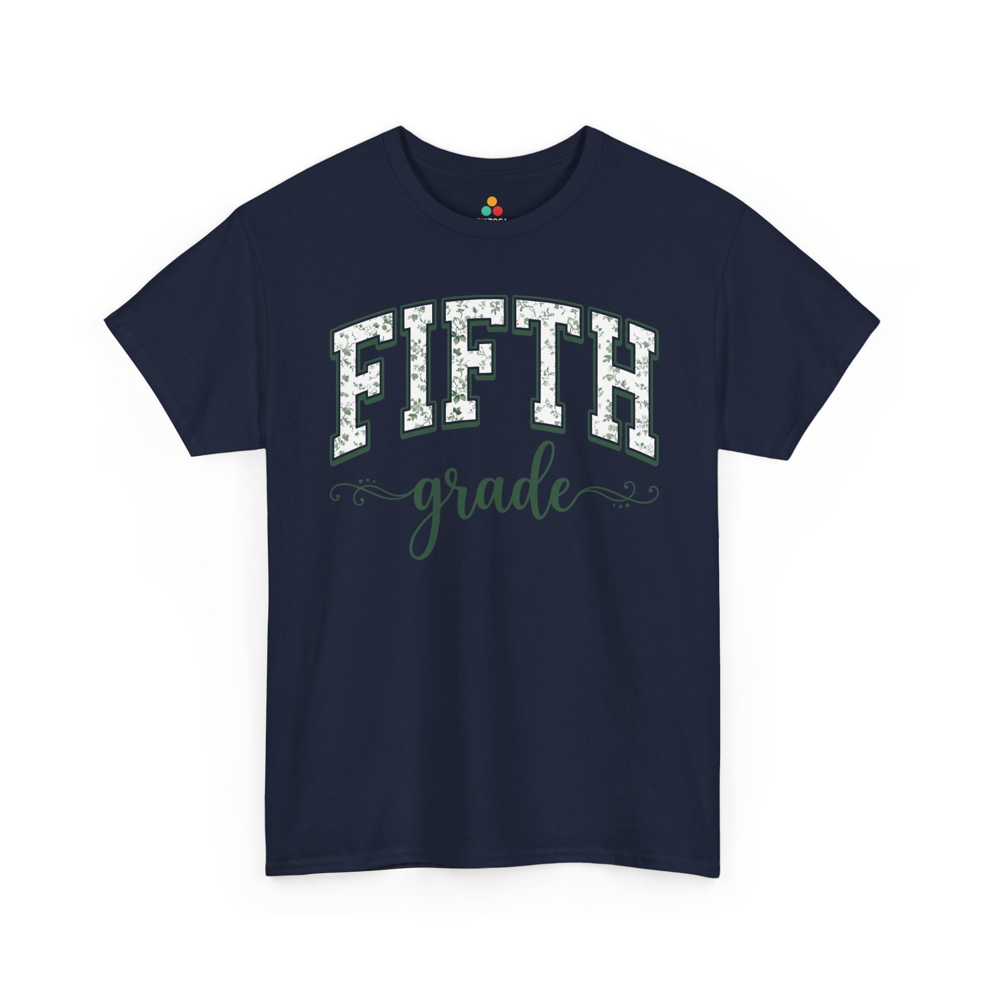 TEEZOCA navy floral fifth grade shirt for adults, the kind of teacher tee shoppers find on Amazon and Etsy for the new school year.
