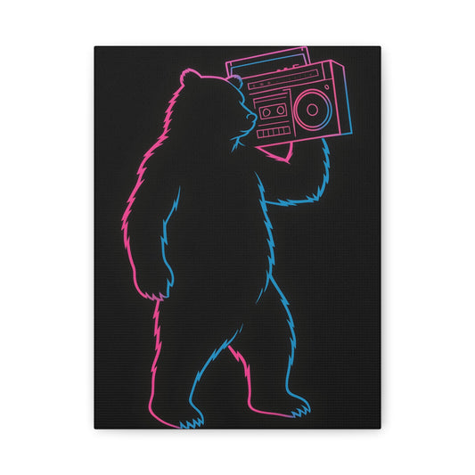 TEEZOCA neon boombox bear canvas print shown flat with pink blue glow lines.