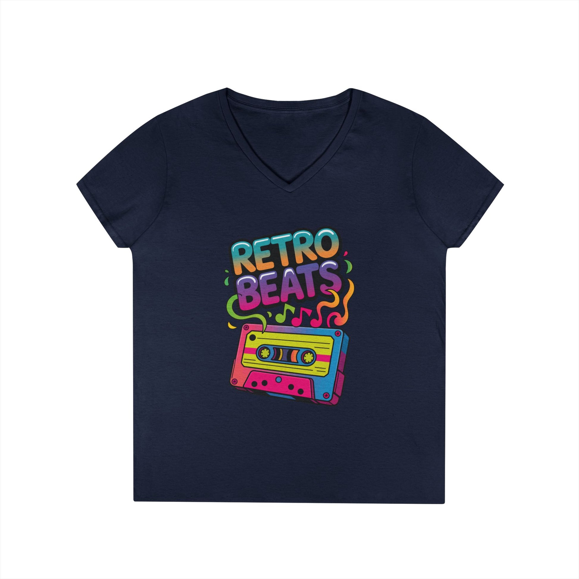 Retro Beats Cassette Art Ladies’ V-Neck T-Shirt Colorful Music Vibes | TEEZOCA 