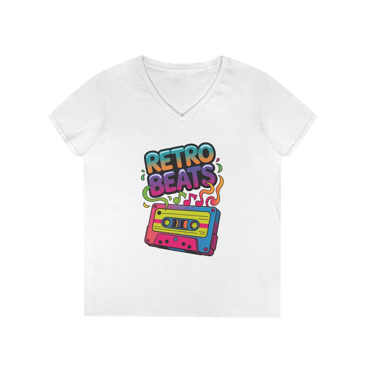 Retro Beats Cassette Art Ladies’ V-Neck T-Shirt Colorful Music Vibes | TEEZOCA 