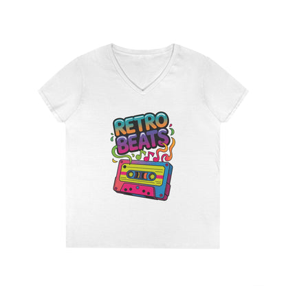 Retro Beats Cassette Art Ladies’ V-Neck T-Shirt Colorful Music Vibes | TEEZOCA 