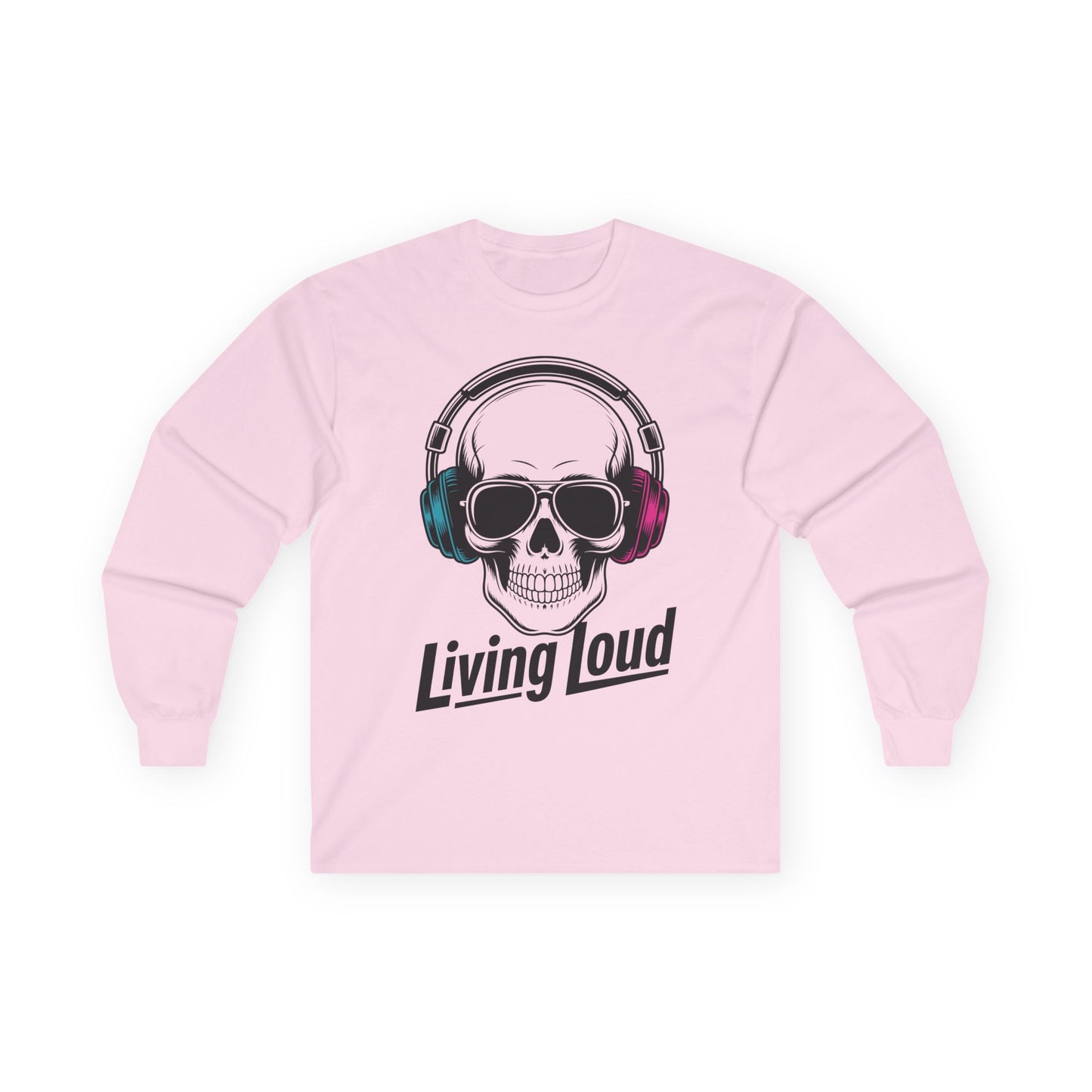 TEEZOCA neon headphone skull music design unisex long-sleeve shirt Pink sweatshirt with skull and headphones graphic and 'Living Loud' text on a white background