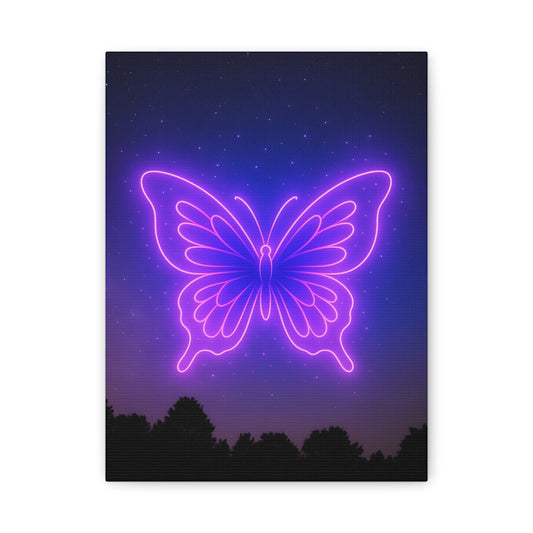 TEEZOCA neon purple butterfly canvas print shown flat with starry night background.