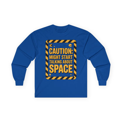 TEEZOCA nerdy space joke long-sleeve t-shirt Blue long-sleeve shirt with a caution sign graphic and text on a white background