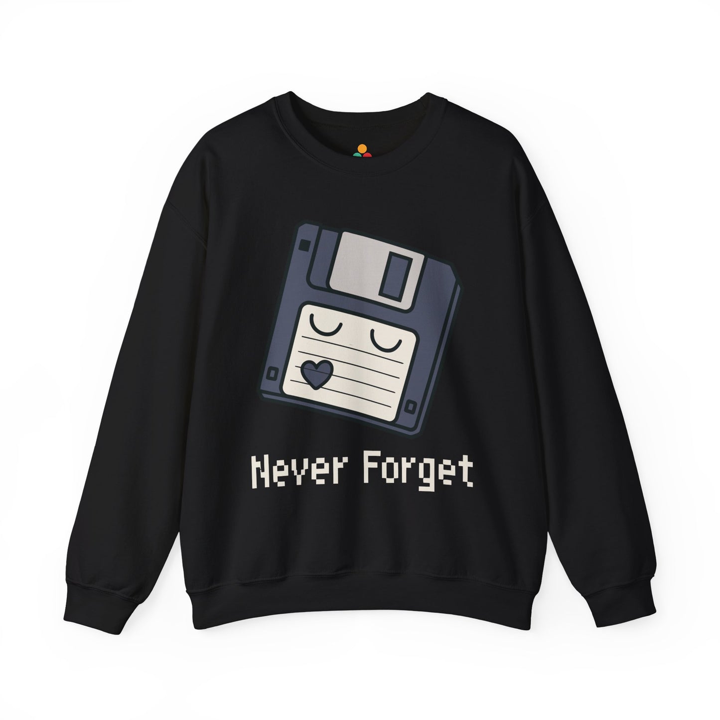 TEEZOCA never forget sweatshirt with floppy disk retro computer design Black sweatshirt with a floppy disk graphic and 'Never Forget' text on a white background
