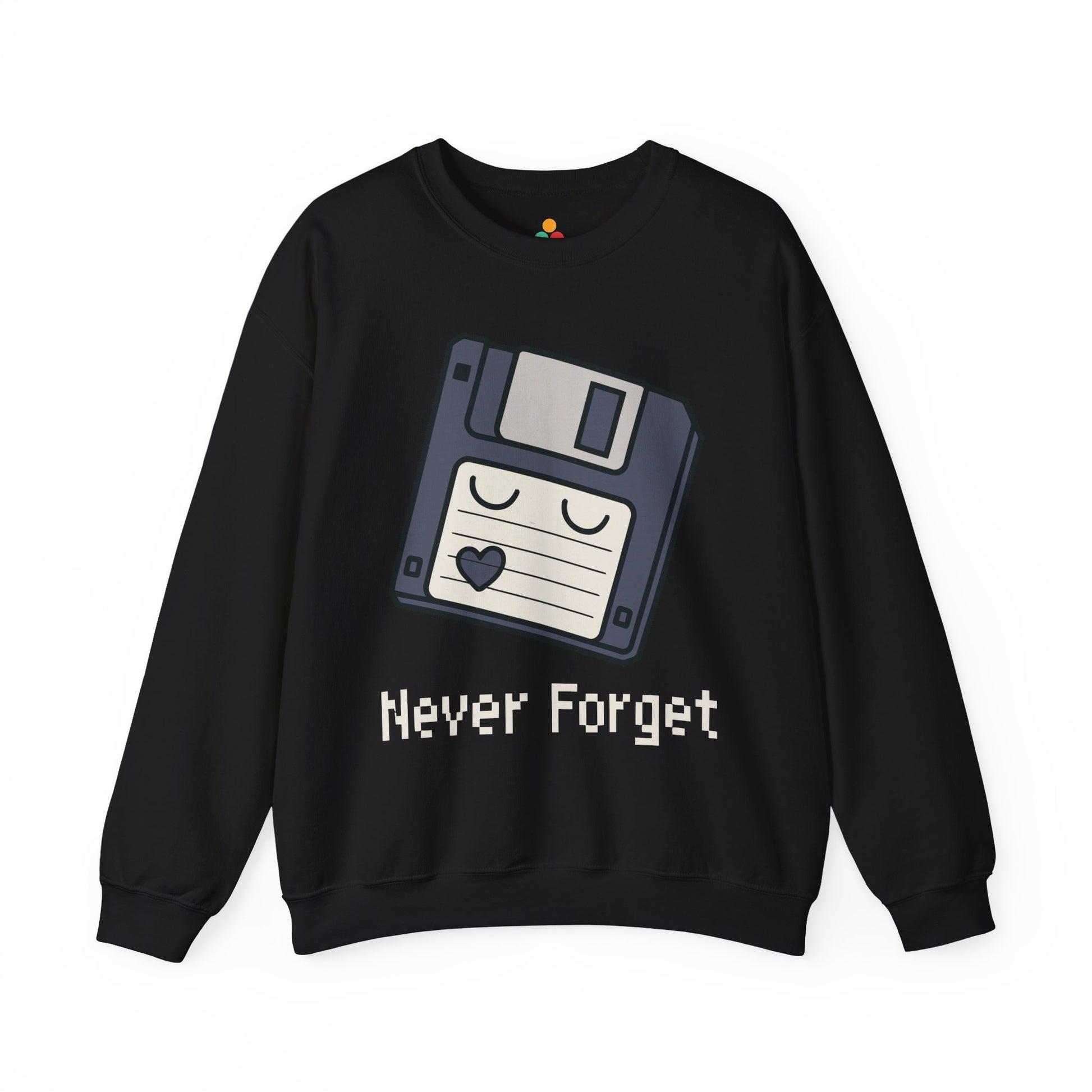 TEEZOCA never forget sweatshirt with floppy disk retro computer design Black sweatshirt with a floppy disk graphic and 'Never Forget' text on a white background