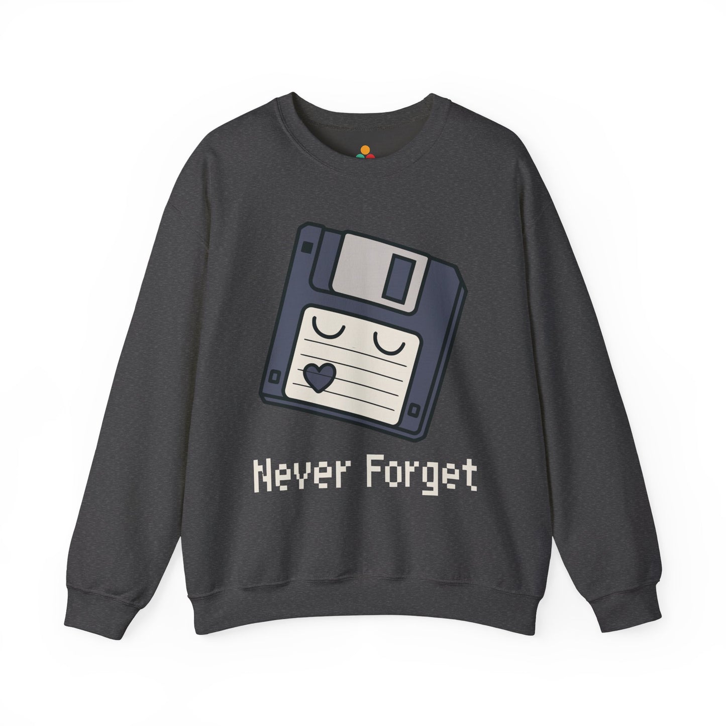 TEEZOCA never forget sweatshirt with floppy disk retro computer design Dark gray sweatshirt with a floppy disk graphic and 'Never Forget' text on a white background