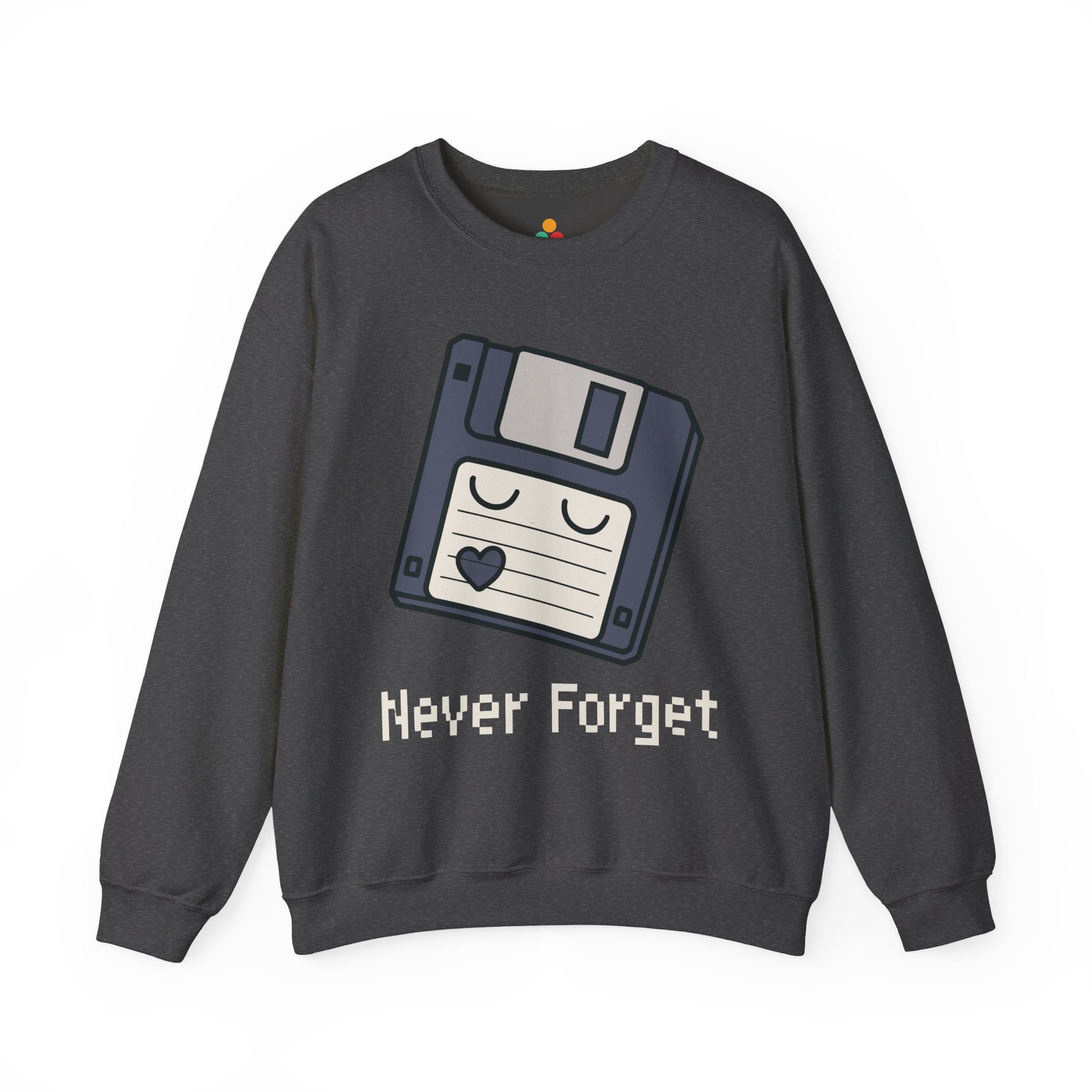 TEEZOCA never forget sweatshirt with floppy disk retro computer design Dark gray sweatshirt with a floppy disk graphic and 'Never Forget' text on a white background
